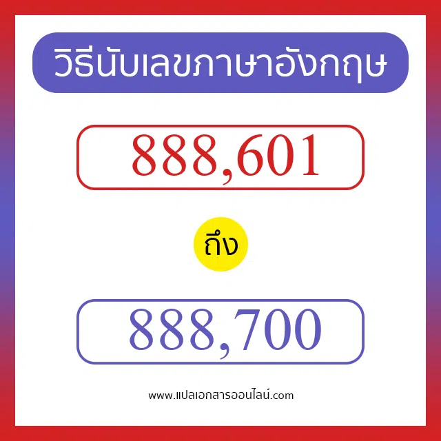 วิธีนับตัวเลขภาษาอังกฤษ 888601 ถึง 888700 เอาไว้คุยกับชาวต่างชาติ